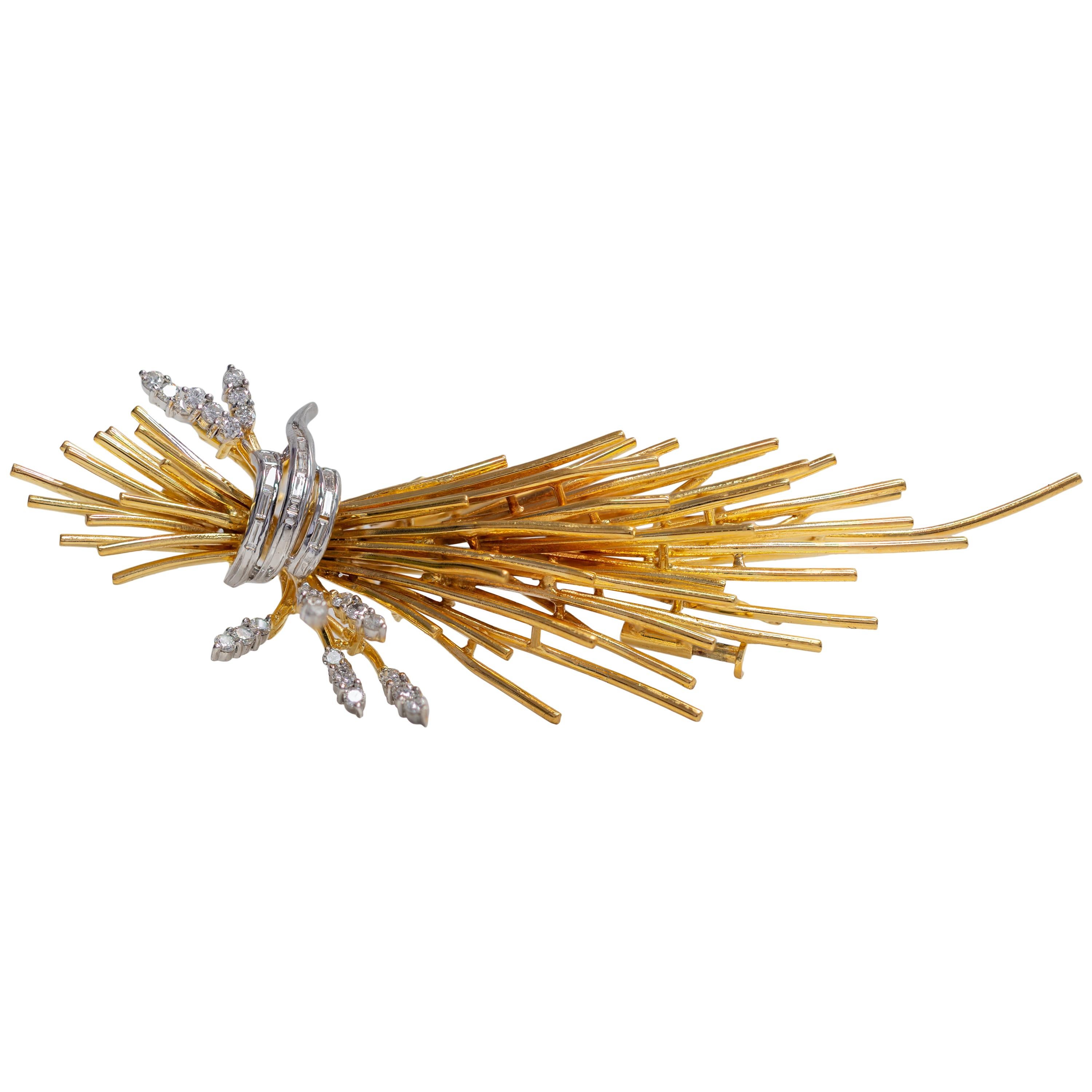 18 Karat Yellow and White Gold Bouquet Brooch with Diamonds For Sale