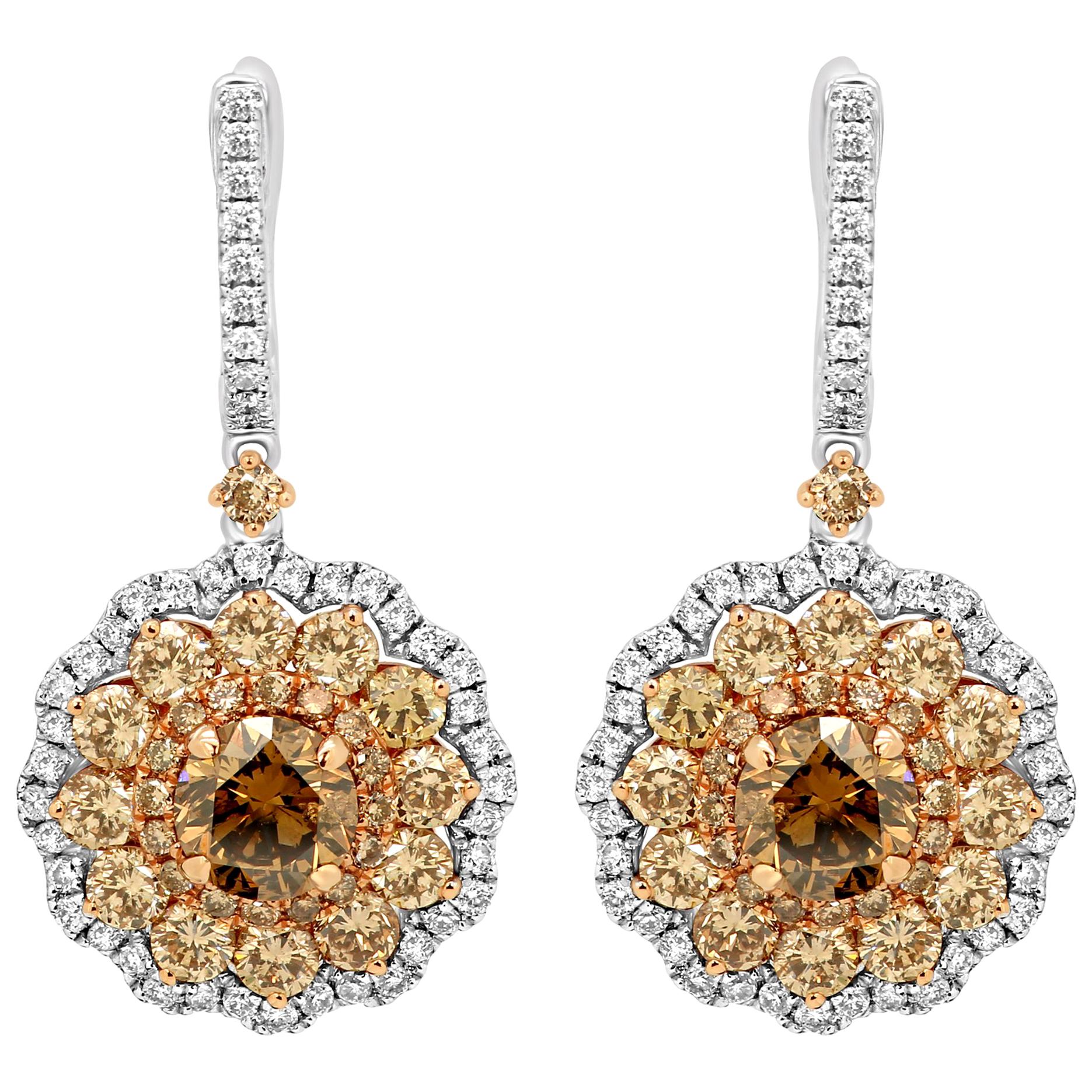 Round Champagne Diamond Triple Halo Two-Color Gold Dangle Earring