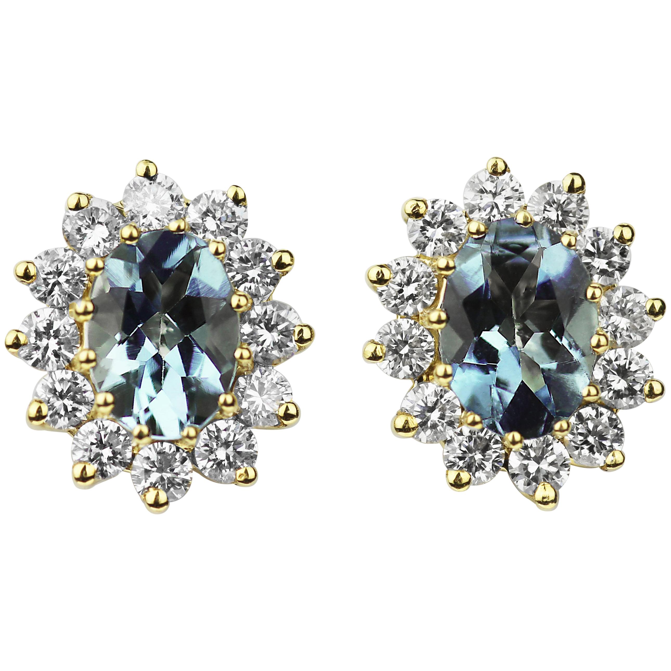 Oval Shape Aquamarine with Diamonds Cluster Earrings in 18 Carat Yellow Gold