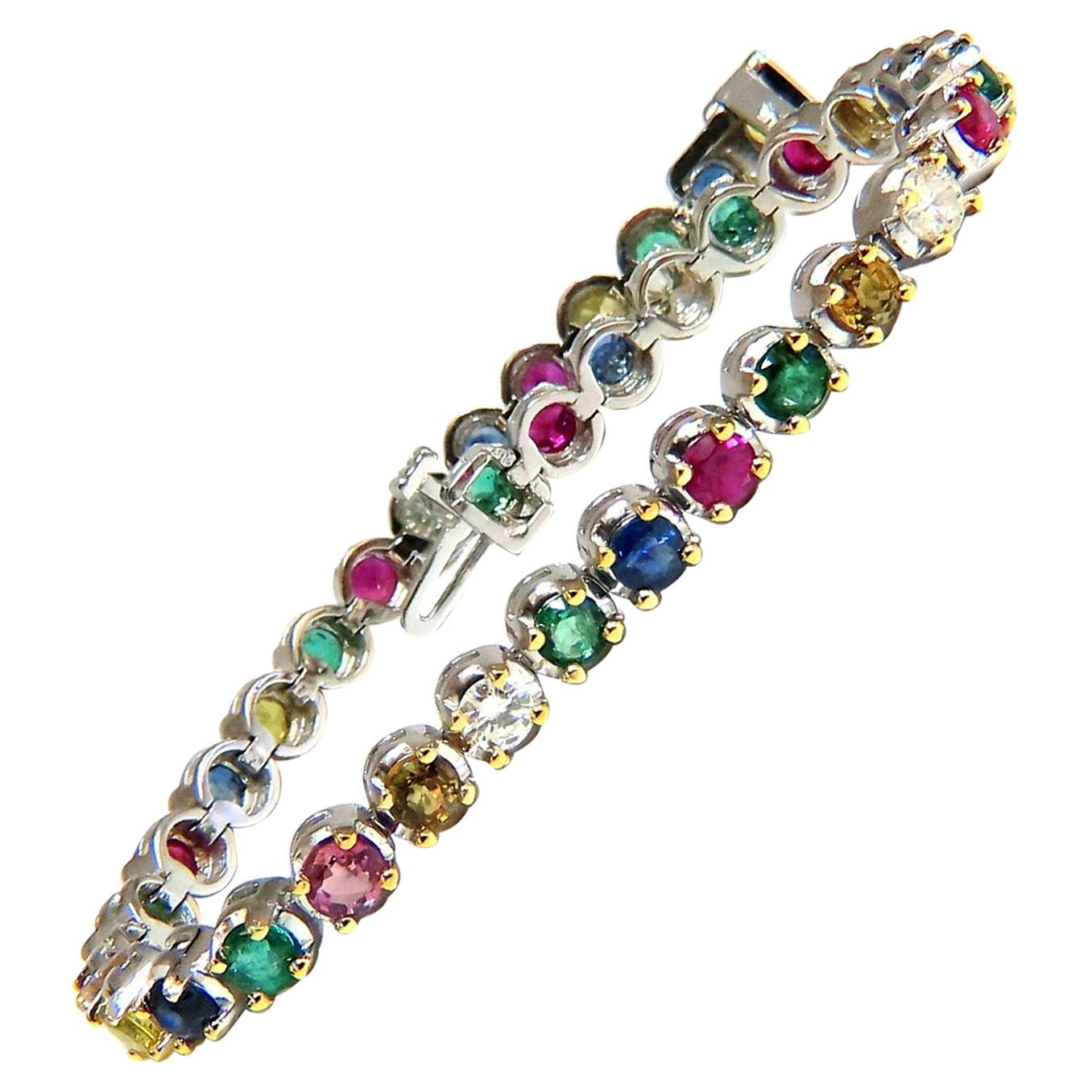 7.36ct natural ruby emerald sapphires diamond tennis bracelet 14 karat gem line For Sale