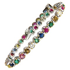 Bracelet tennis ligne de pierres précieuses 14 carats en rubis naturel, émeraudes, saphirs et diamants de 7,36 carats