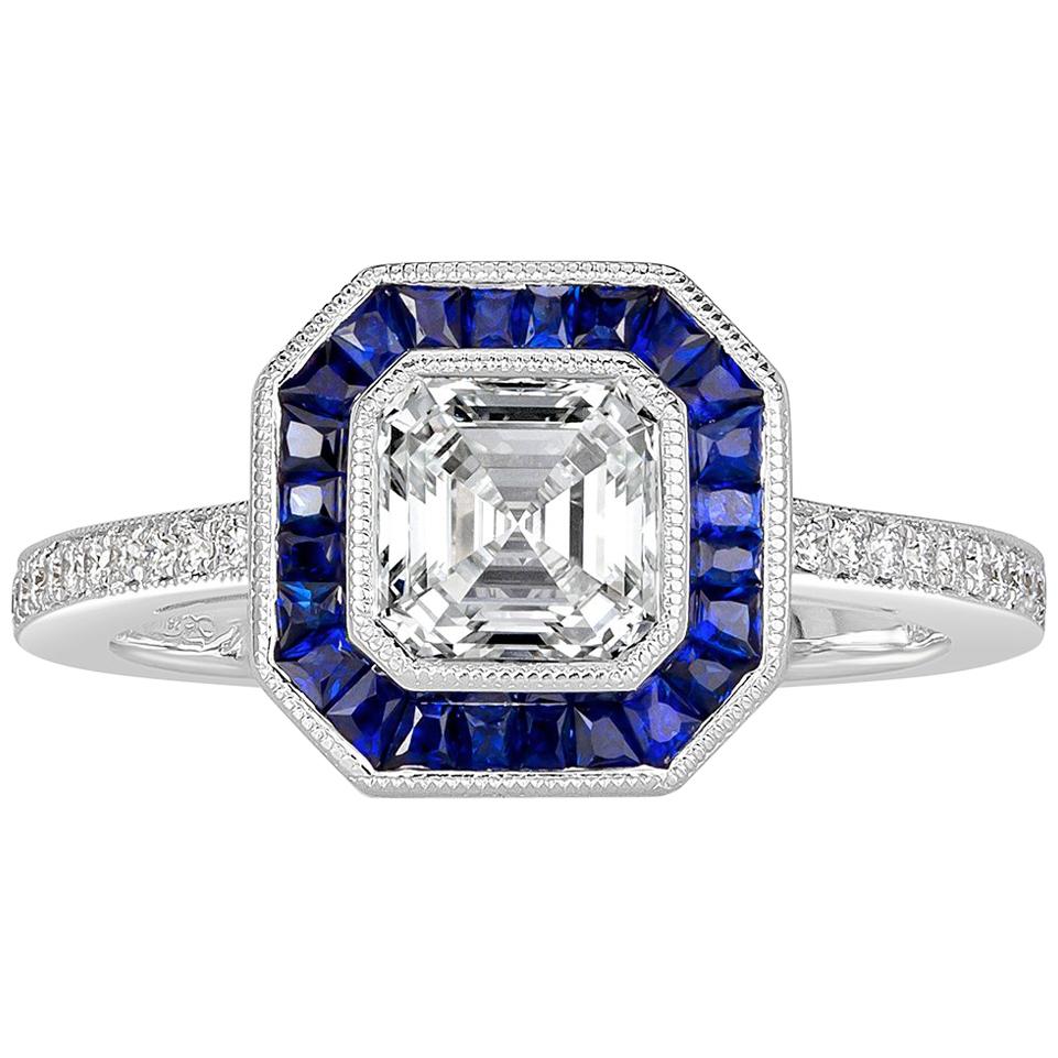 Mark Broumand 1.62 Carat Asscher Cut Diamond and Sapphire Engagement Ring