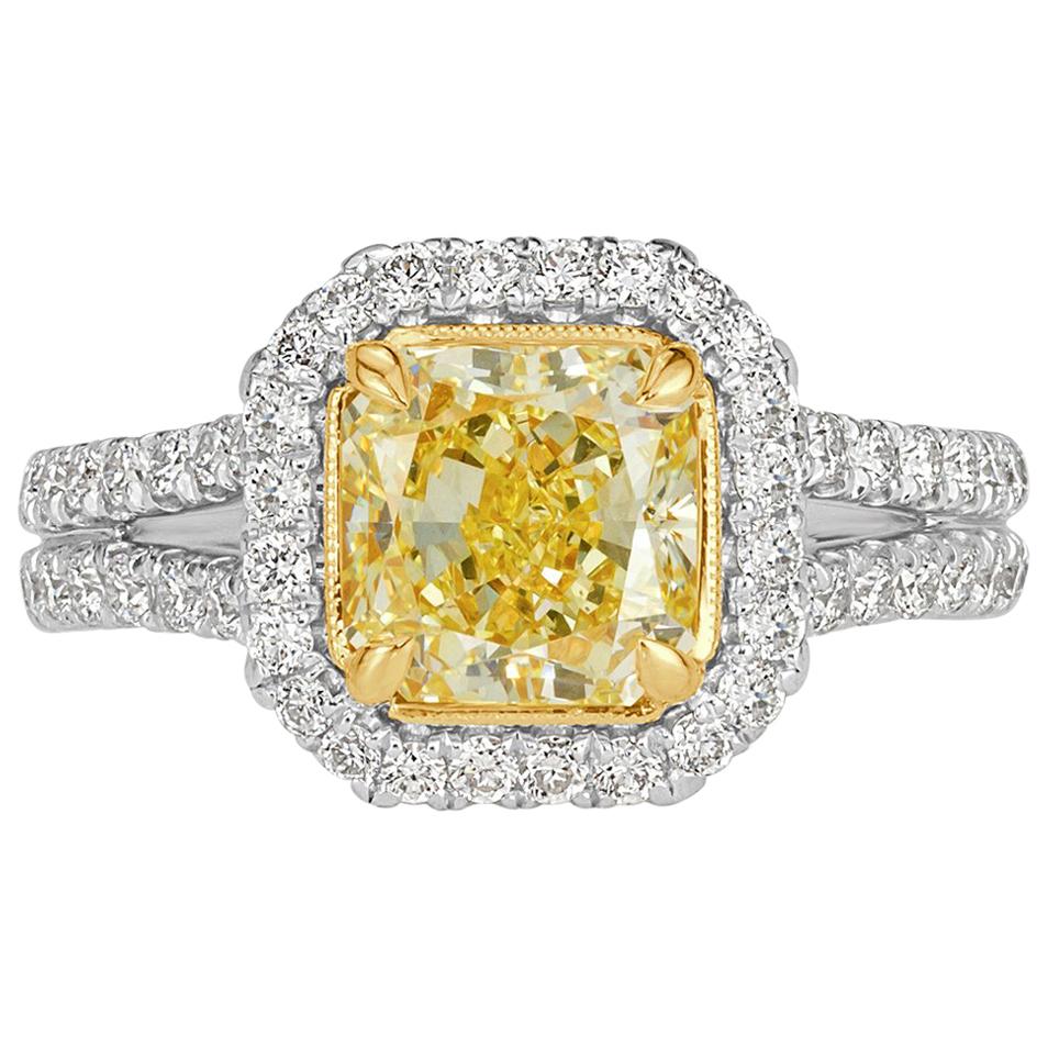 Mark Broumand 2.18 Carat Fancy Yellow Radiant Cut Diamond Engagement Ring