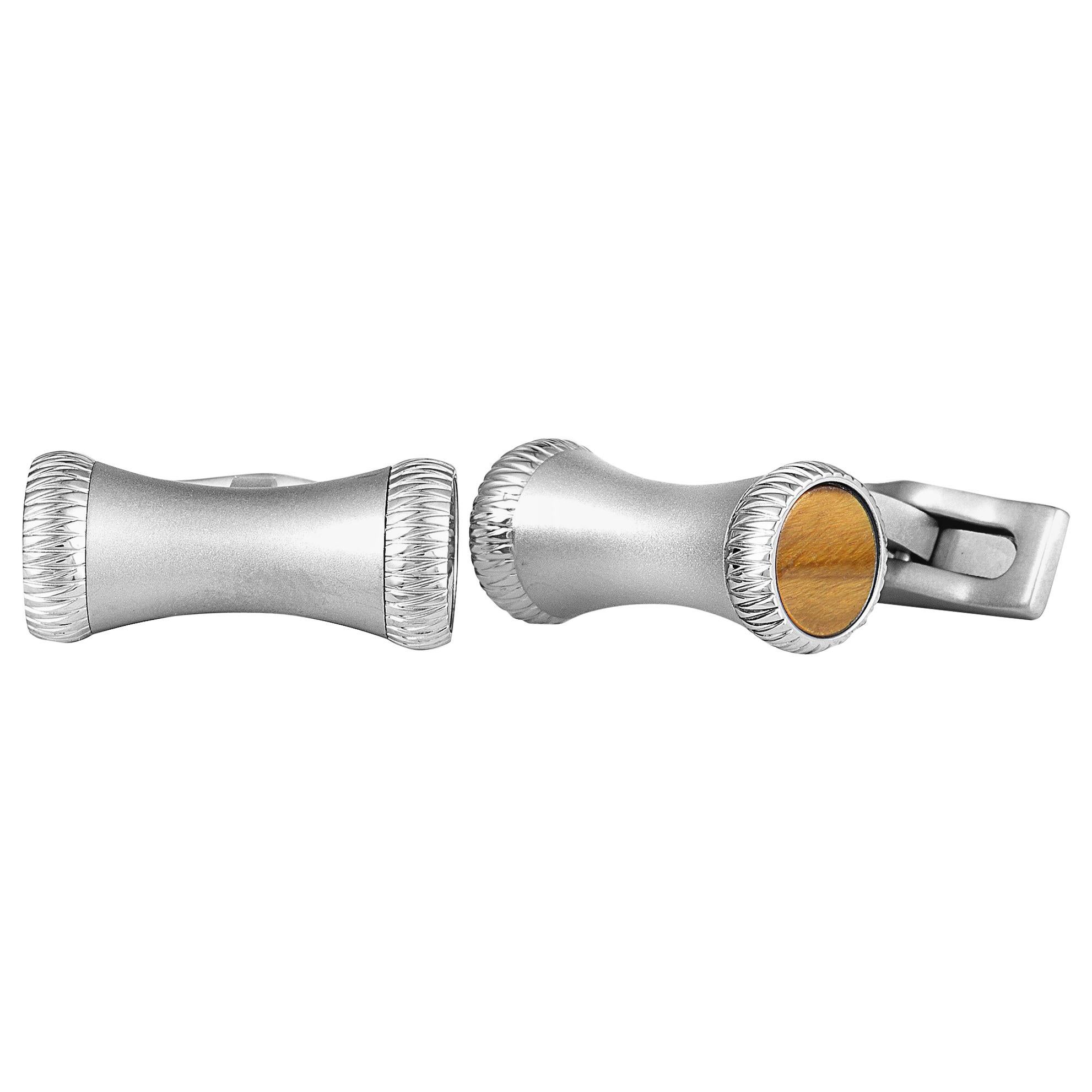 Charriol Columbus Matte Stainless Steel Tiger's Eye Cylinder Cufflinks