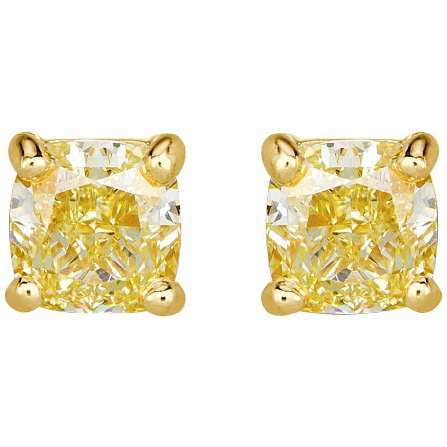 Mark Broumand 1.00 Carat Cushion Cut Fancy Yellow Stud Earrings