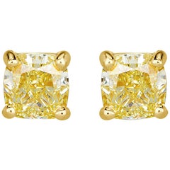 Mark Broumand 1.00 Carat Cushion Cut Fancy Yellow Stud Earrings