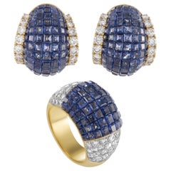 Diamond and Sapphire Setting Bombe Yellow Gold Clip-On Earrings and Ring Set