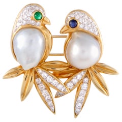 Diamond Pave, Sapphire, Emerald and Pearls Yellow Gold Bird Brooch