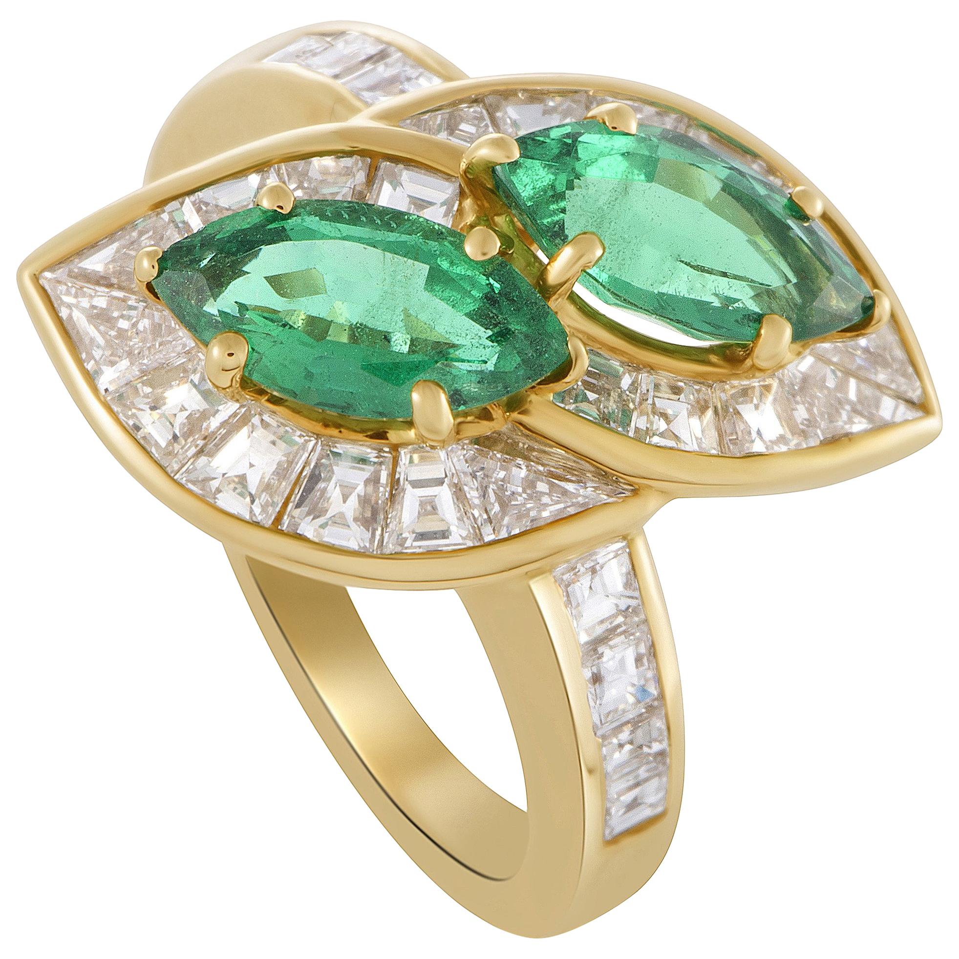 Graff Diamond Invisible Setting and Marquise Emeralds Yellow Gold Bypass Ring
