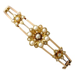 1890s Antique Victorian Diamond and Pearl Yellow Gold Bangle