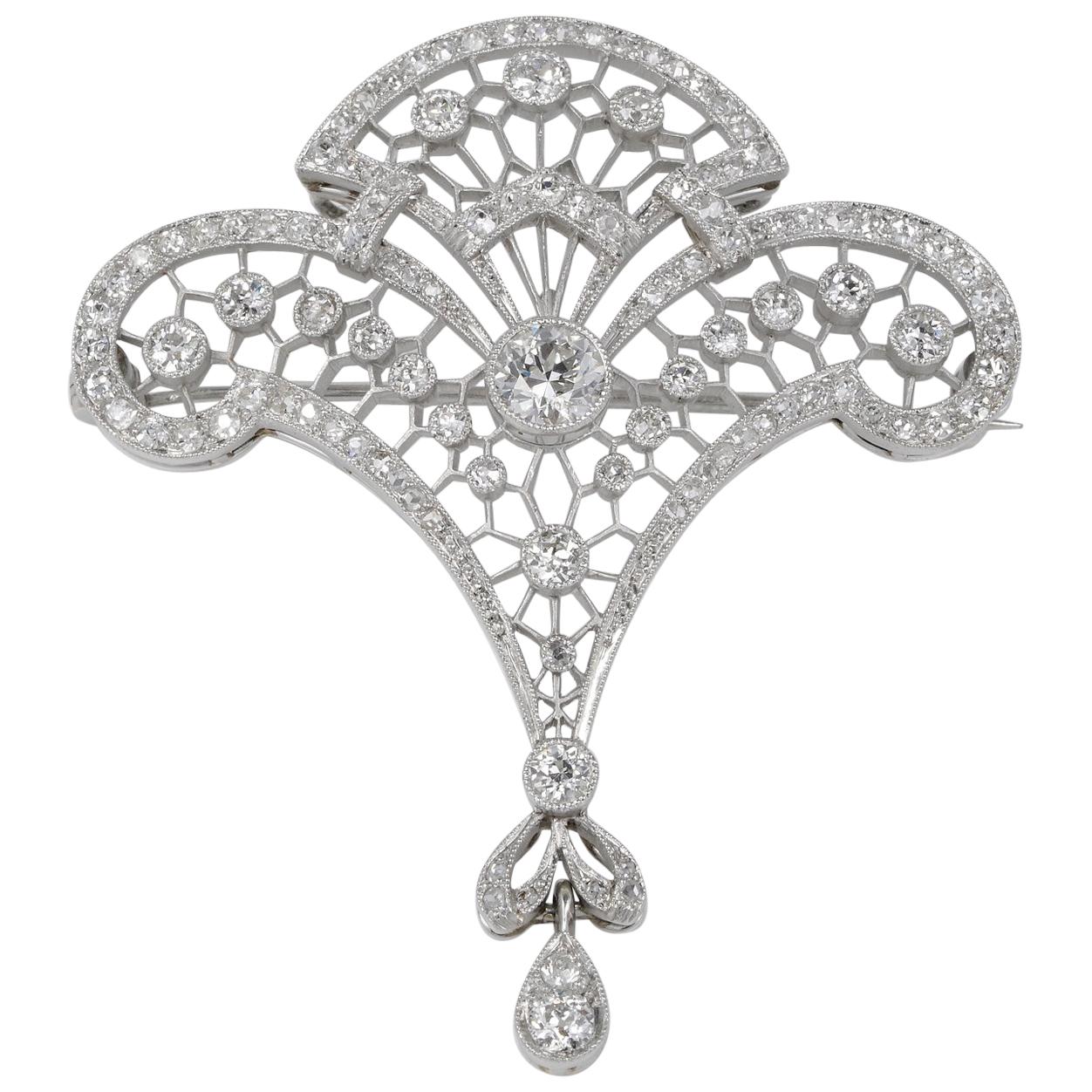 Stunning Belle Époque 2.95 Carat Diamond Rare Platinum Lavaliere Brooch Pendant