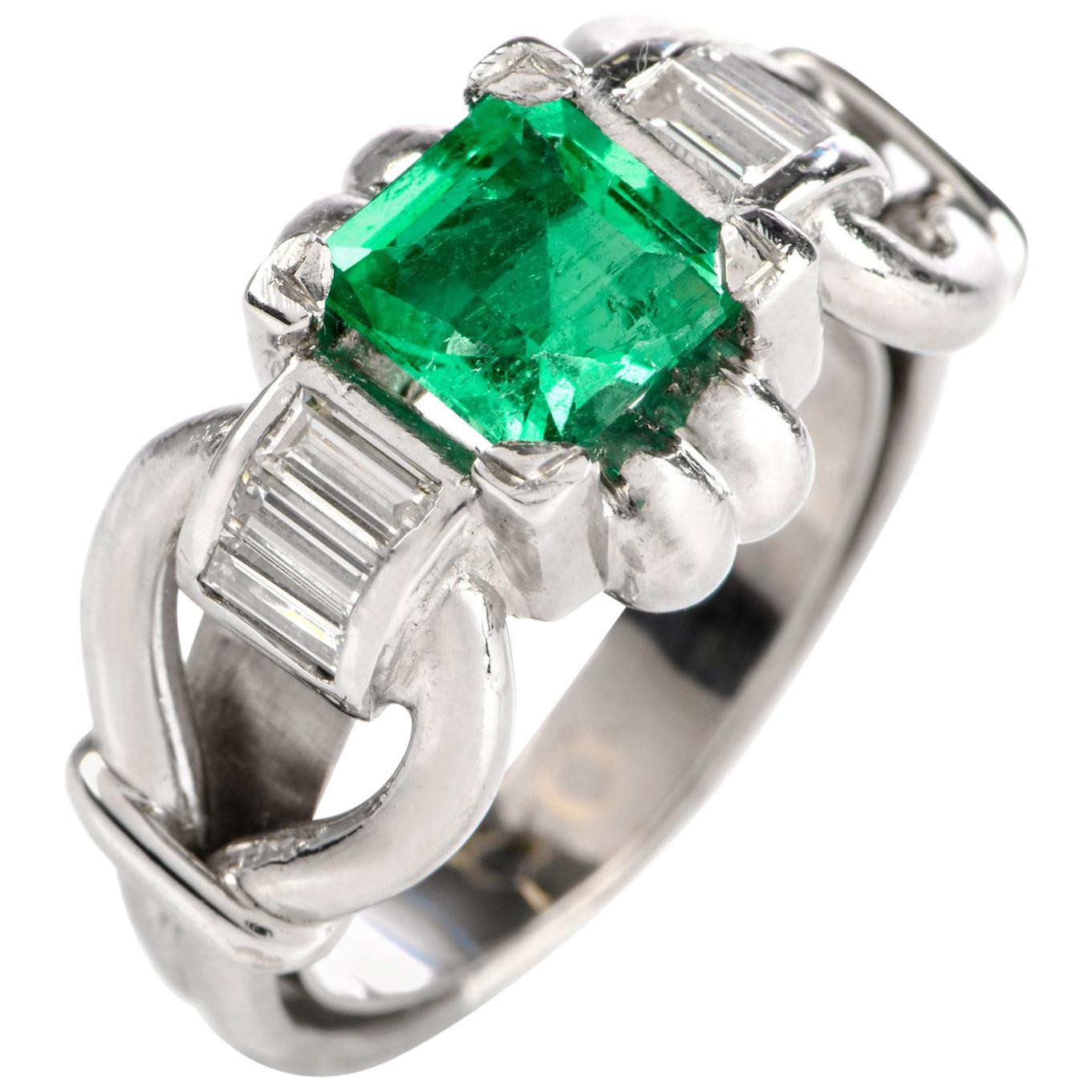 Vintage Asscher Emerald Diamond Platinum Ring