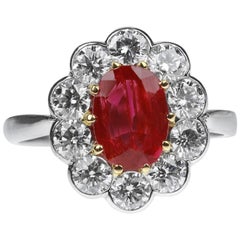 SSEF Certified Natural Burmese Ruby 1.55 ct & Diamonds set Oval Cluster Ring