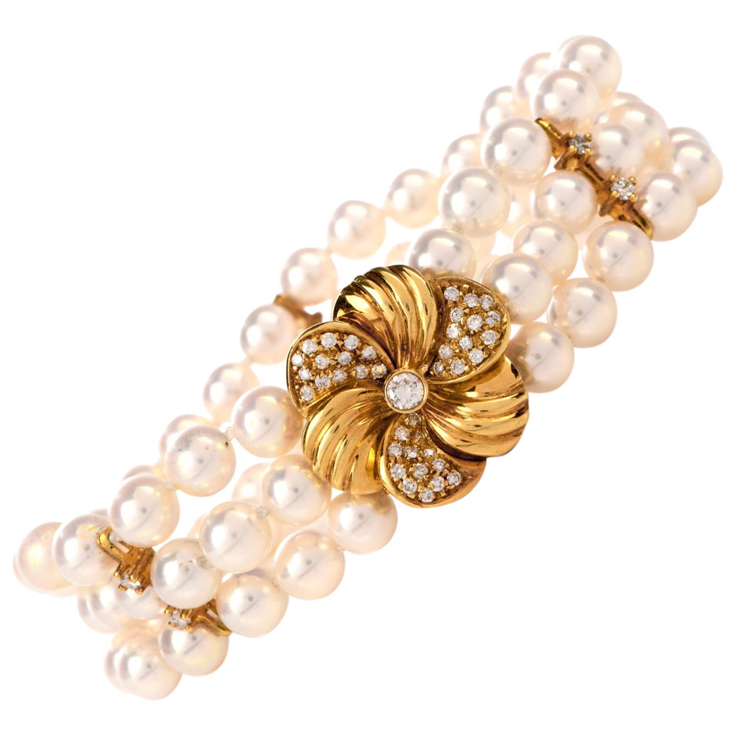 Mikimoto Pearl Diamond Flower Gold Bracelet