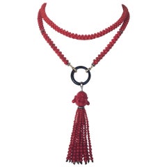 Marina j Coral, Diamond, and Onyx Woven Necklace with Coral Tassel and 14K Gold