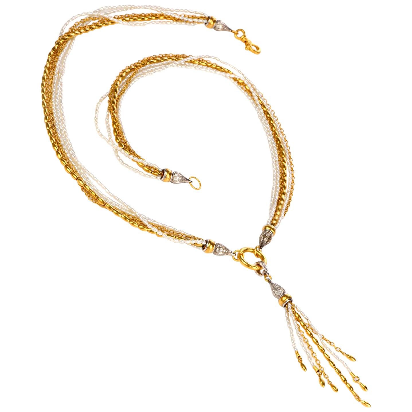 Gurhan Designer Multi Strand Pearl Gold Tassel Necklace