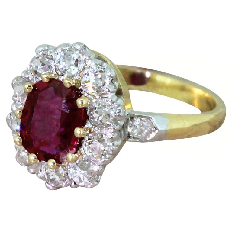 Art Deco 1.04 Carat Natural Ruby and Old Cut Diamond Cluster Ring