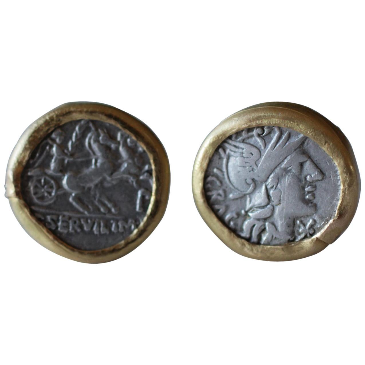 Antique Silver Roman Coin 22-21 Karat Gold Cuff Links with Diamonds Cufflinks