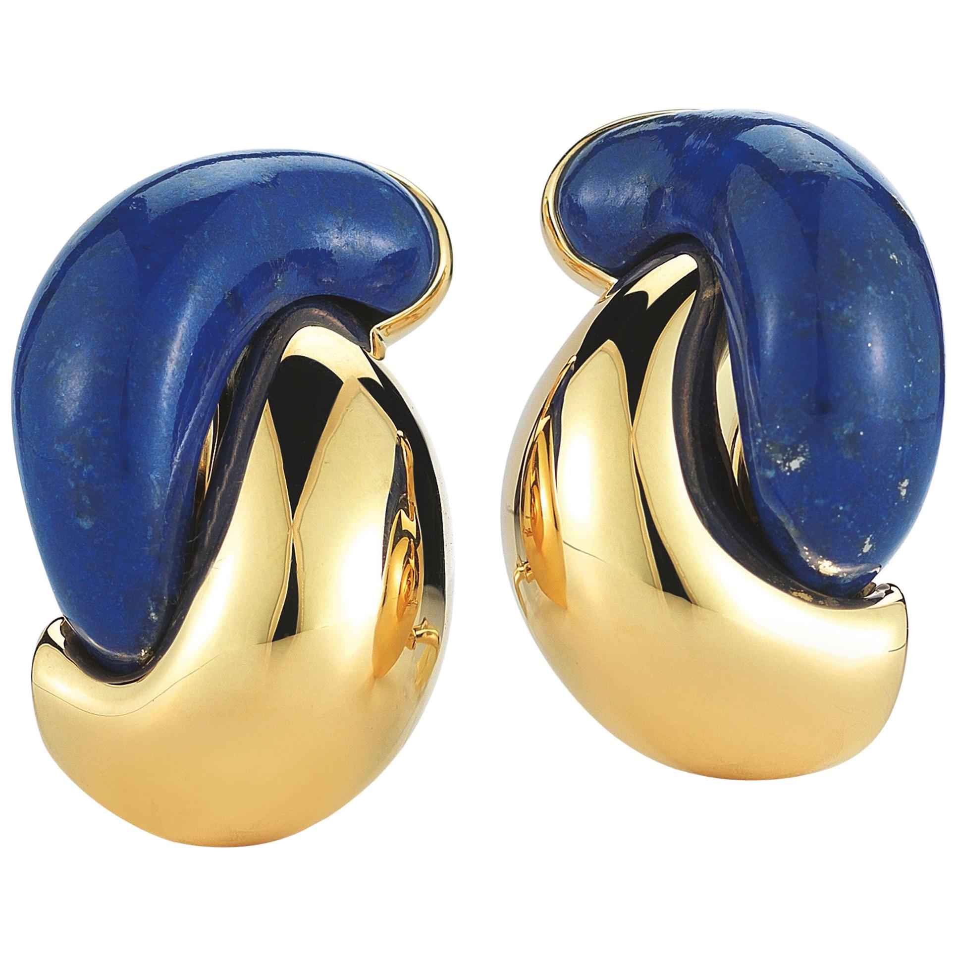 Seaman Schepps Lapis Half Link Gold Earrings For Sale at 1stDibs