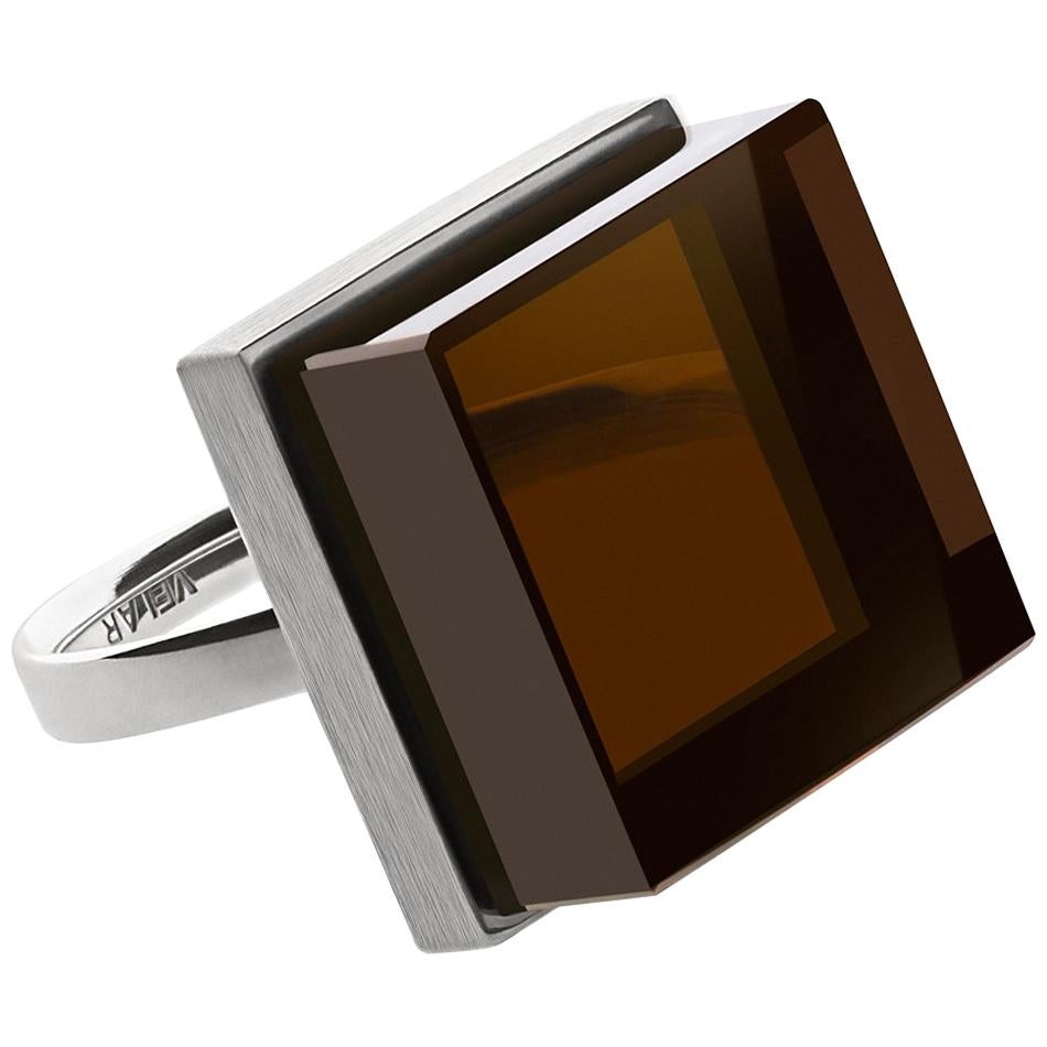 Contemporary Ink Ring with Smoky Quartz in Fourteen Karat White Gold