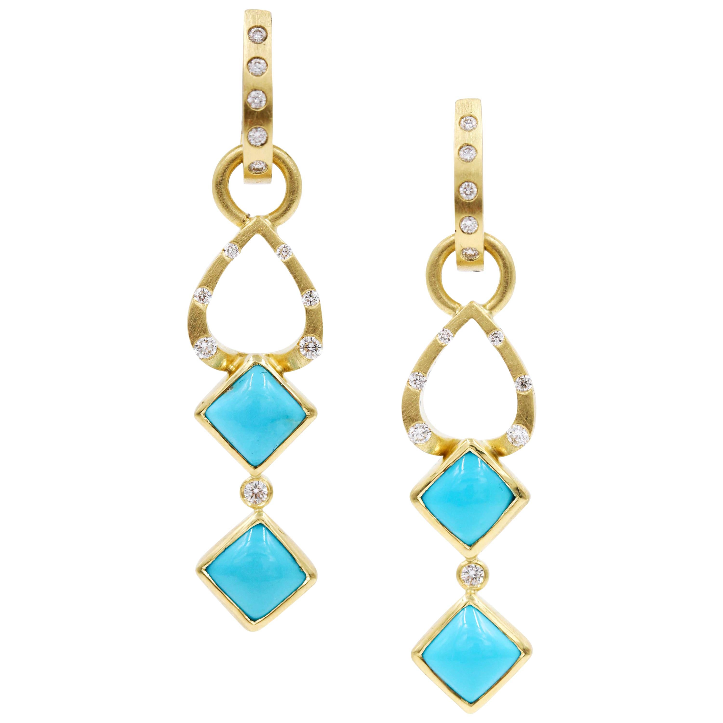 Robin Waynee, Sleeping Beauty Earrings, VS1 Diamonds, Turquoise, 18 Karat Gold For Sale