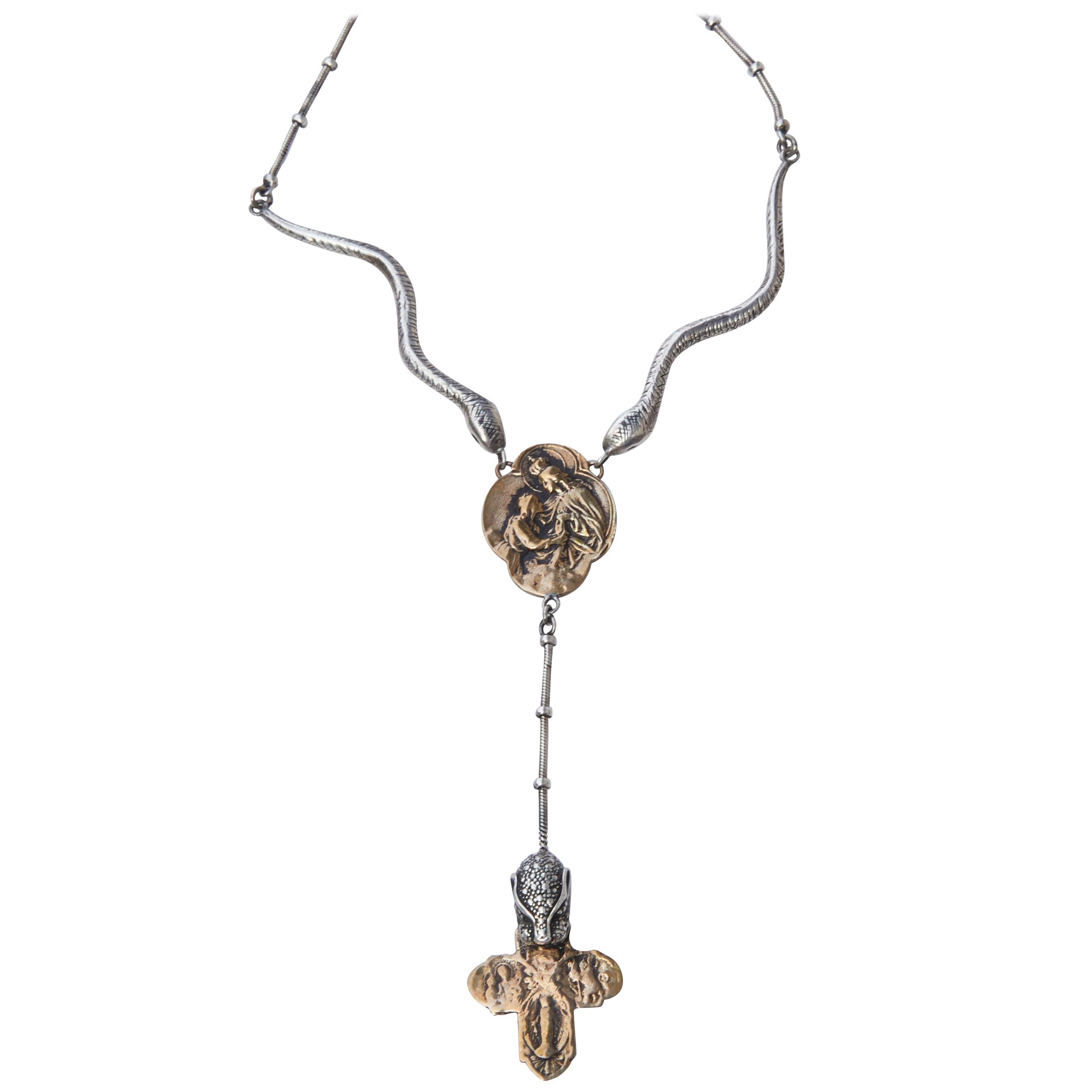 Virgin Mary Snake Jaguar Cross Necklace Silver Bronze J Dauphin
