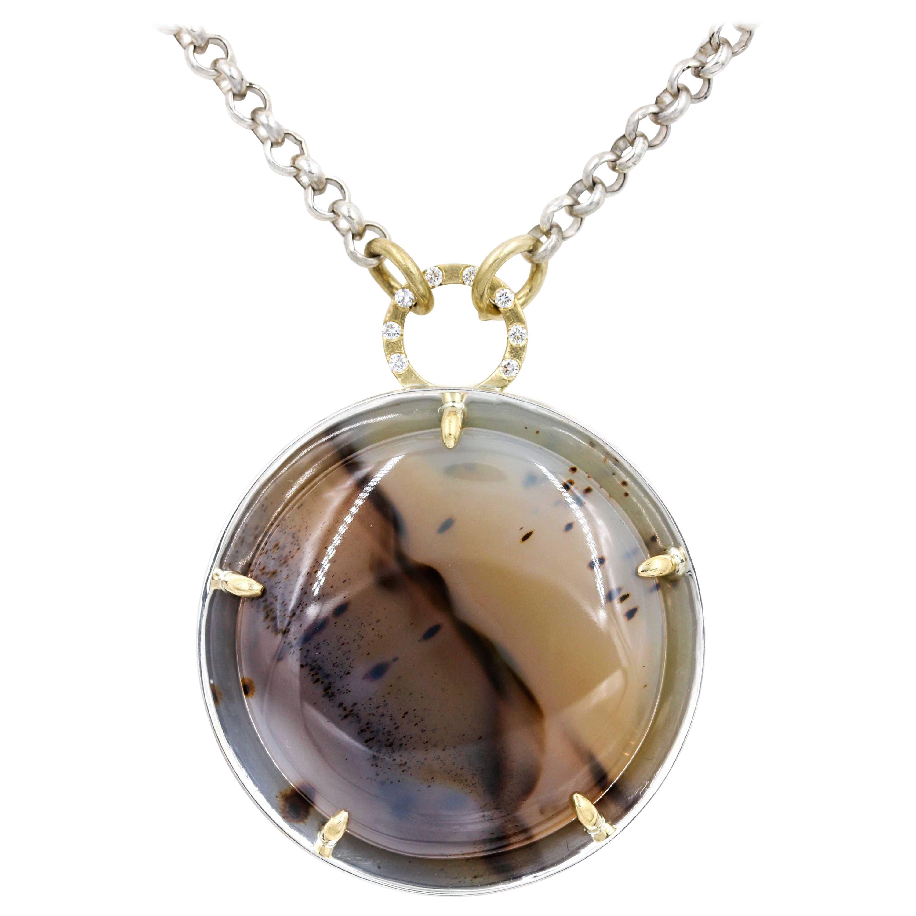 Robin Waynee, Montana Agate Necklace, Sterling Silver and 18 Karat Gold For Sale