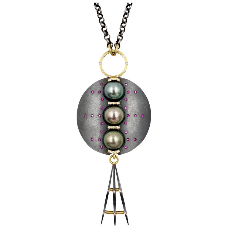 Robin Waynee, 3 Pearl Necklace, Sapphire, Diamond, Pearl, Silver and 18K Gold For Sale