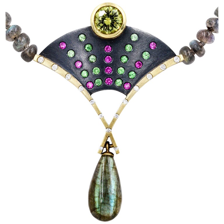 Robin Waynee, Labradorite, Garnet, Sapphire, Diamond, Silver, 18K Gold Necklace For Sale