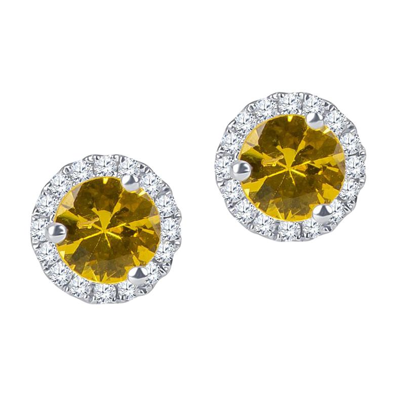 0.75 Carats of Natural Yellow Sapphire Halo Stud Earrings with 0.16 ctw Diamonds