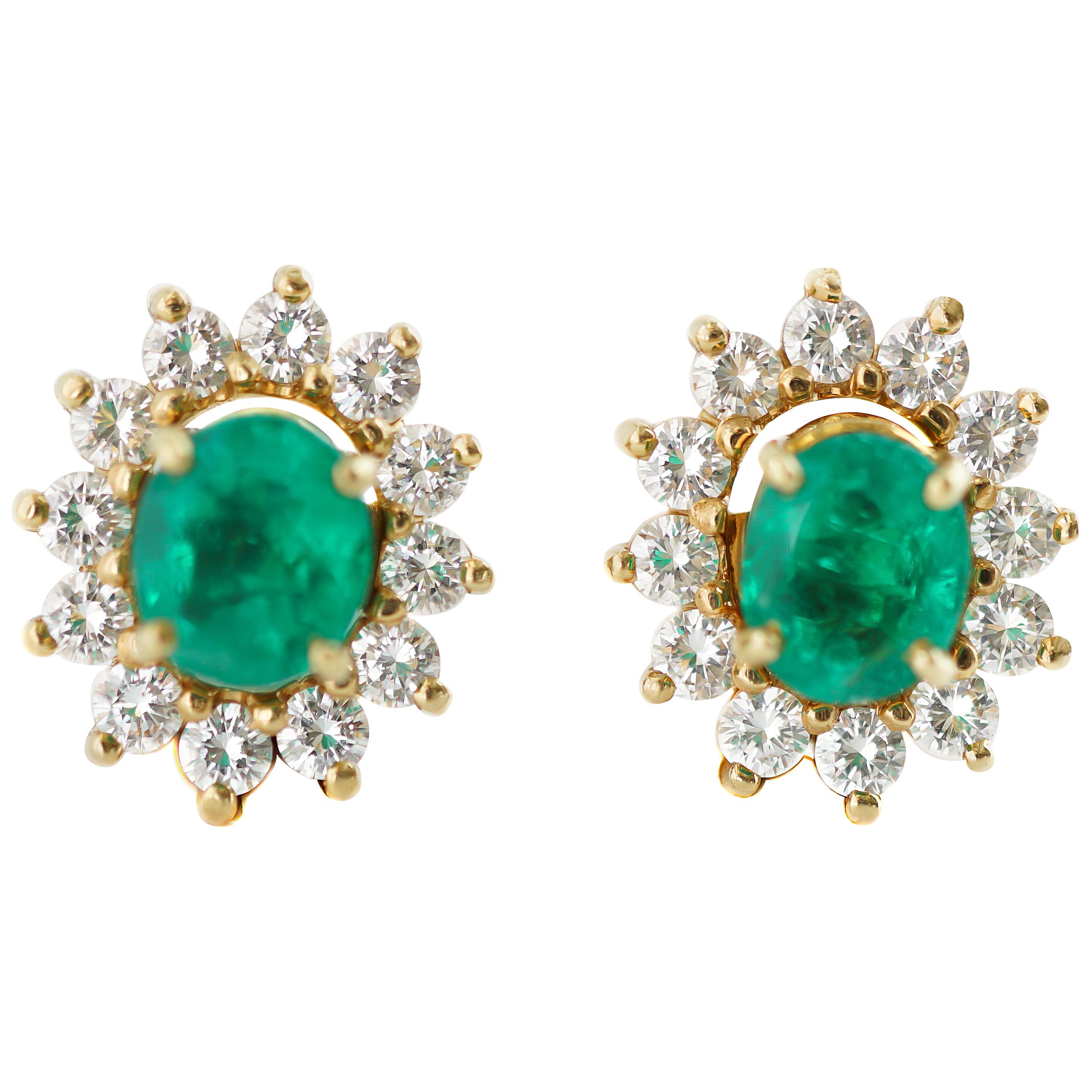 2 Carat Colombian Emerald Stud Earrings with 0.90 Carat Diamond Jackets For Sale