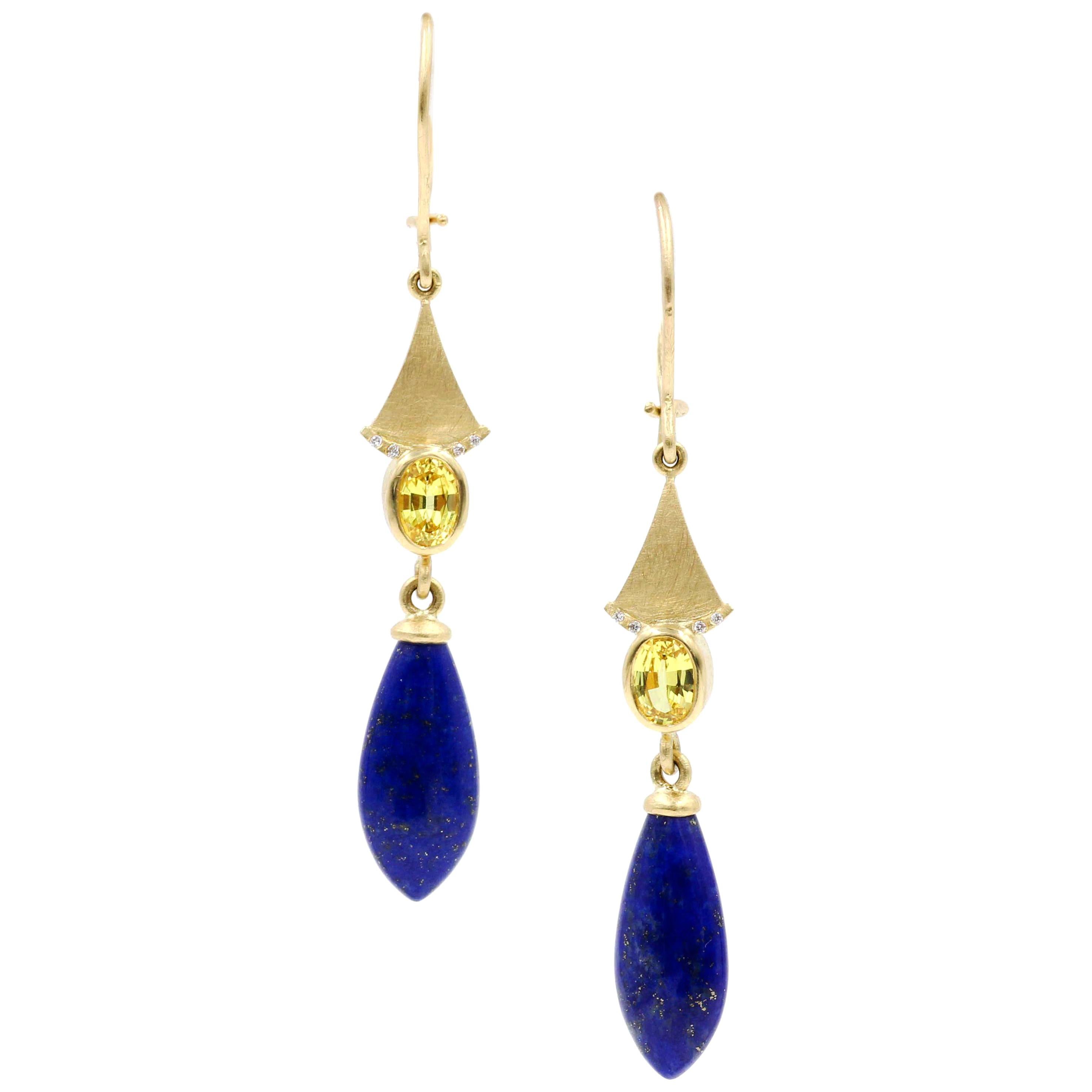 Robin Waynee, VS1 Diamonds, 18 Karat Gold, Yellow Sapphire and Lapis Earrings For Sale