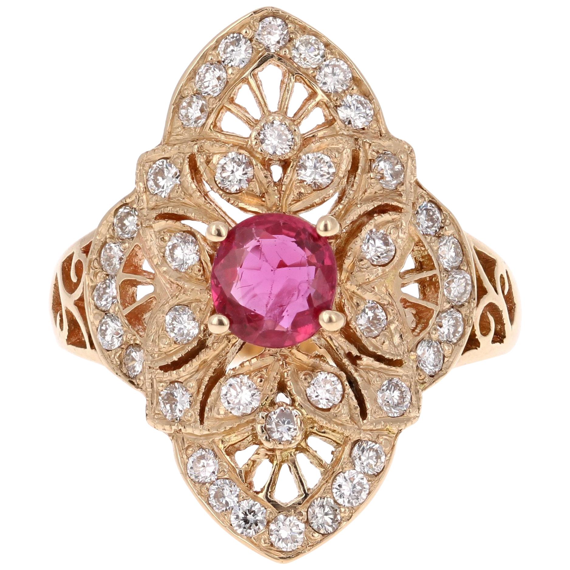 1.34 Carat Ruby Diamond 14 Karat Yellow Gold Victorian Style Ring For Sale