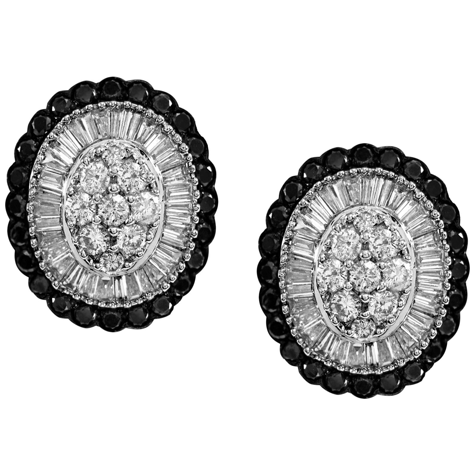Oval Shape Diamond Earrings with White Black Baguette Diamonds 14 Karat Gold