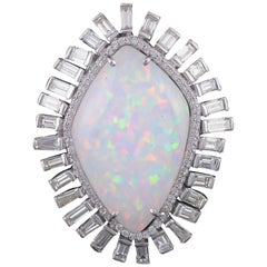 Set in 18 Karat White Gold, Ethiopian Opal and Baguette Diamonds Cocktail Ring