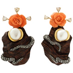 Carved Red Stone Liana Wood Diamonds Flower Earrings