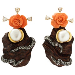 Used Carved Red Stone Liana Wood Diamonds Flower Earrings