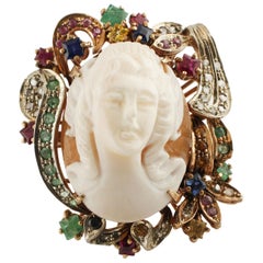Vintage Diamonds Emerald Sapphires Rubies Cameo Rose Gold and Silver Cocktail Ring