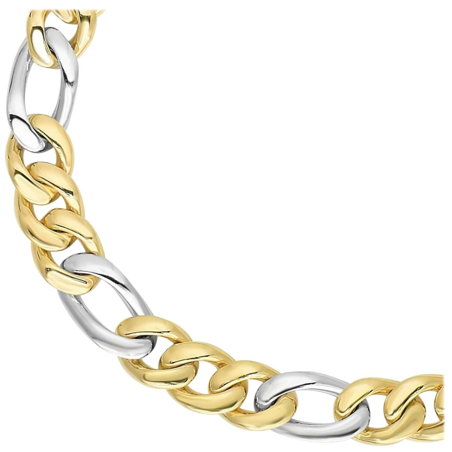 14 Karat Two-Toned Gold Soft Faceted Figaro Style Bracelet For Sale