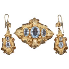 Antique Victorian 18ct Gold Aquamarine Circa 1860 Boxed Brooch And Earrings Set