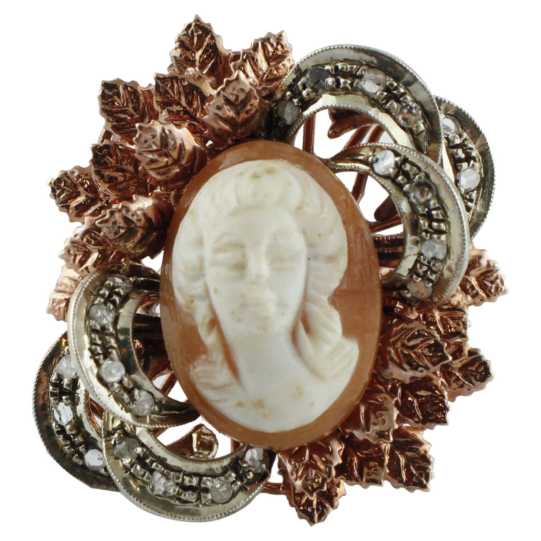 Diamonds Cameo Rose Gold and Silver Retrò Ring For Sale