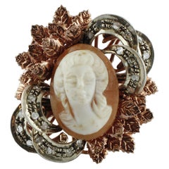 Vintage Diamonds Cameo Rose Gold and Silver Retrò Ring