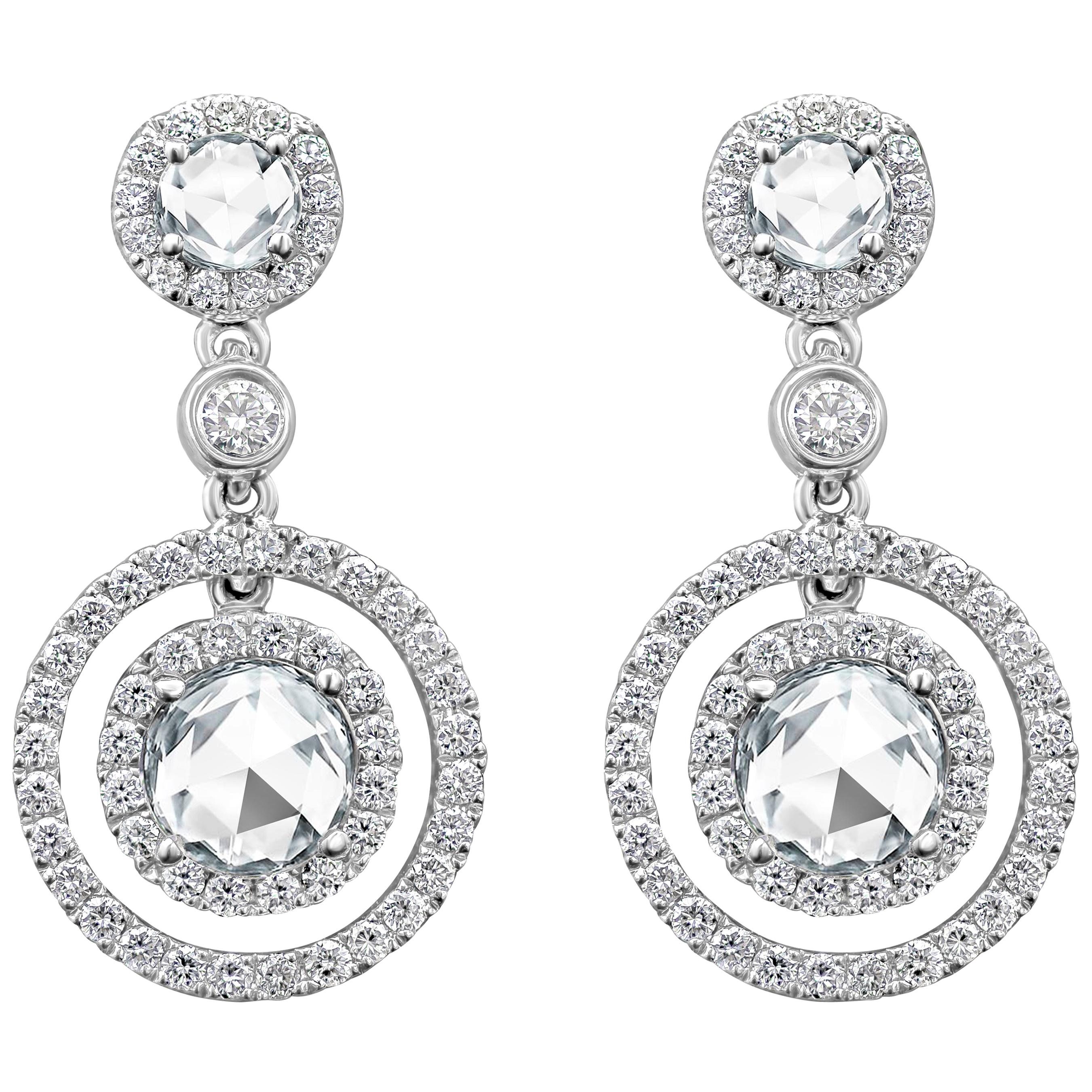 Pendants d'oreilles Roman Malakov en diamants ronds et roses de 1,95 carat au total en vente