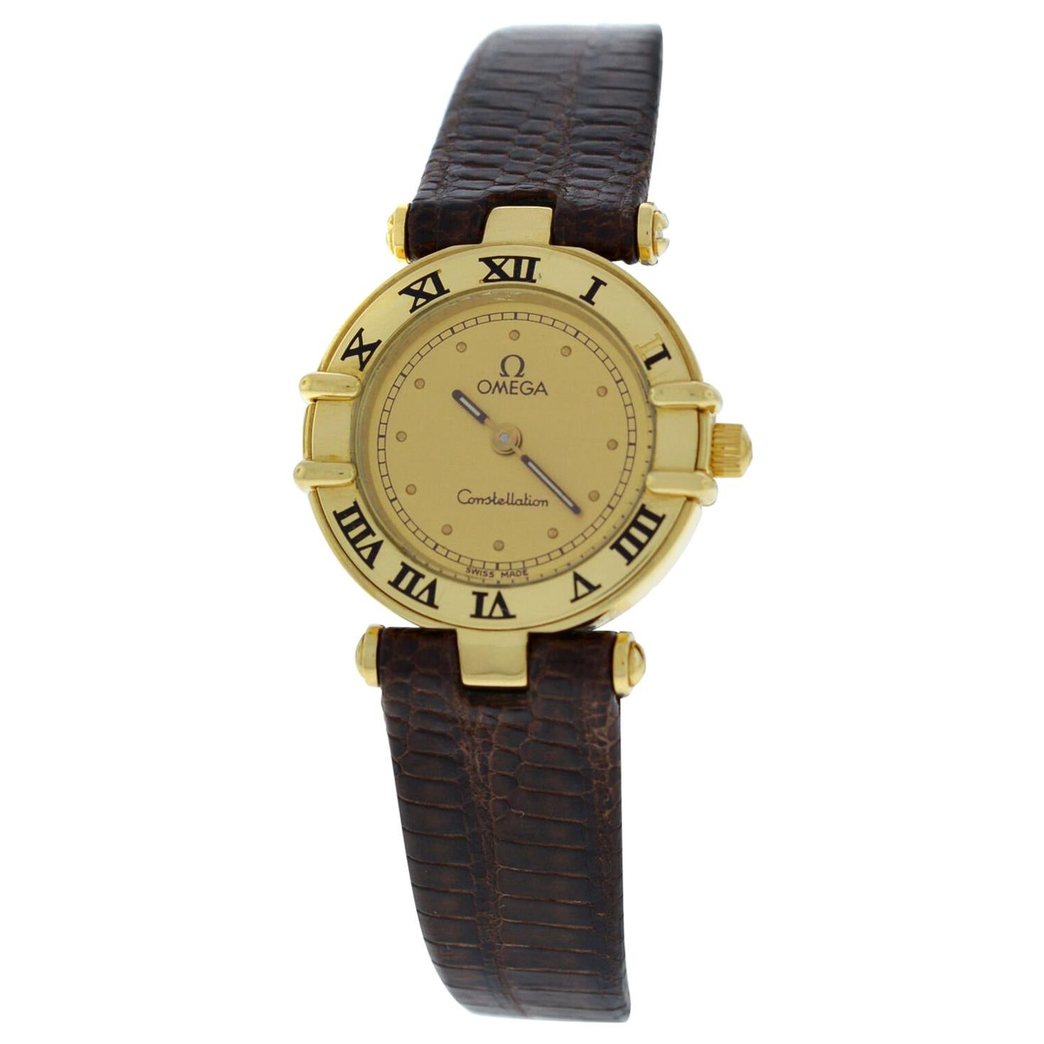 Authentic Lady's Omega Constellation Solid 18 Karat Yellow Gold Quartz Watch For Sale