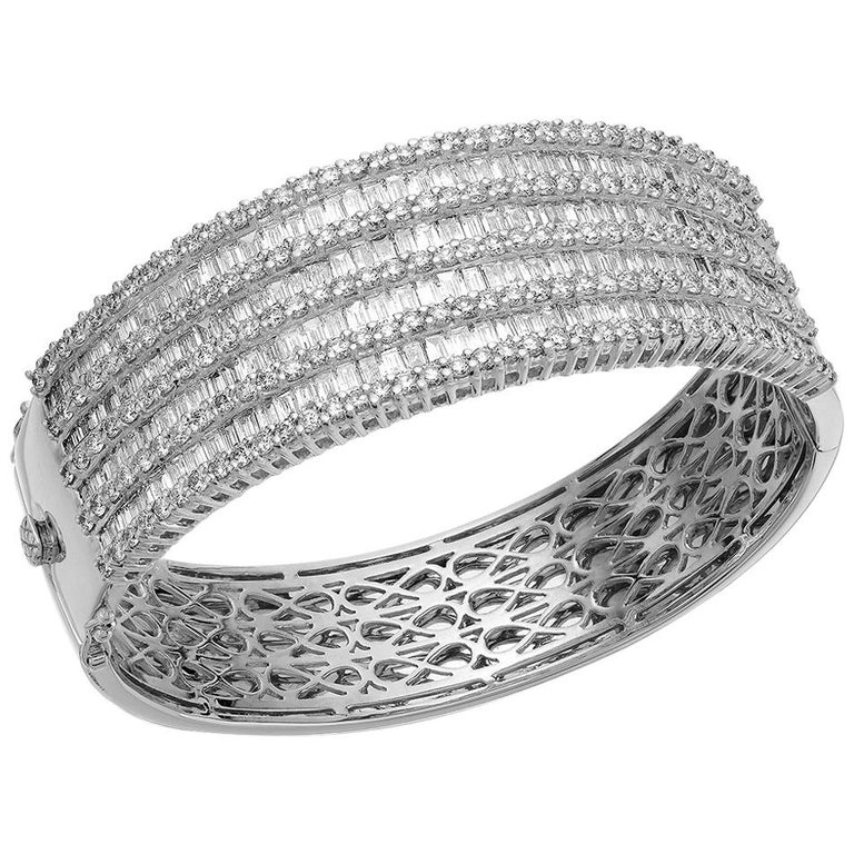 Diamond Bangle, Wide Band/Cuff, Nine Rows of Diamonds in 18 Carat White Gold  For Sale
