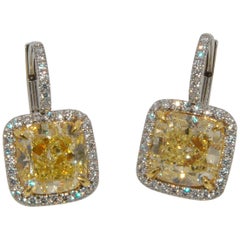 18 Karat White Gold 5.1 Carat Fancy Yellow Cushion Cut Diamond Earrings