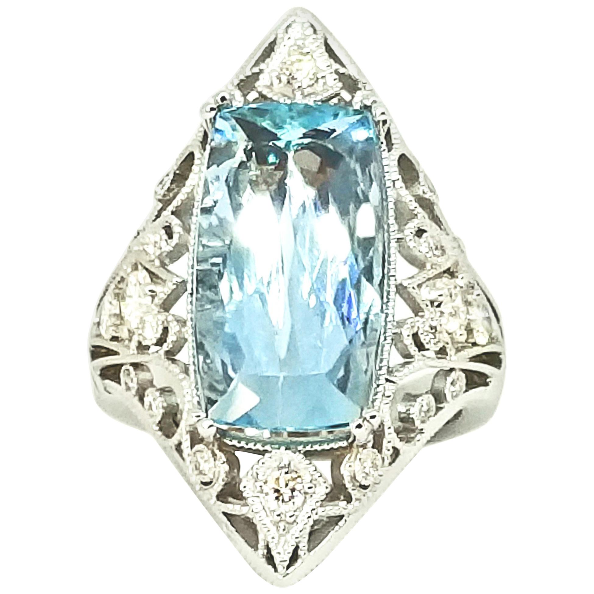 7.15 Carat Edwardian Cut Brazilian Aquamarine Diamond Filigree Cocktail Ring