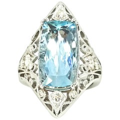 7.15 Carat Edwardian Cut Brazilian Aquamarine Diamond Filigree Cocktail Ring