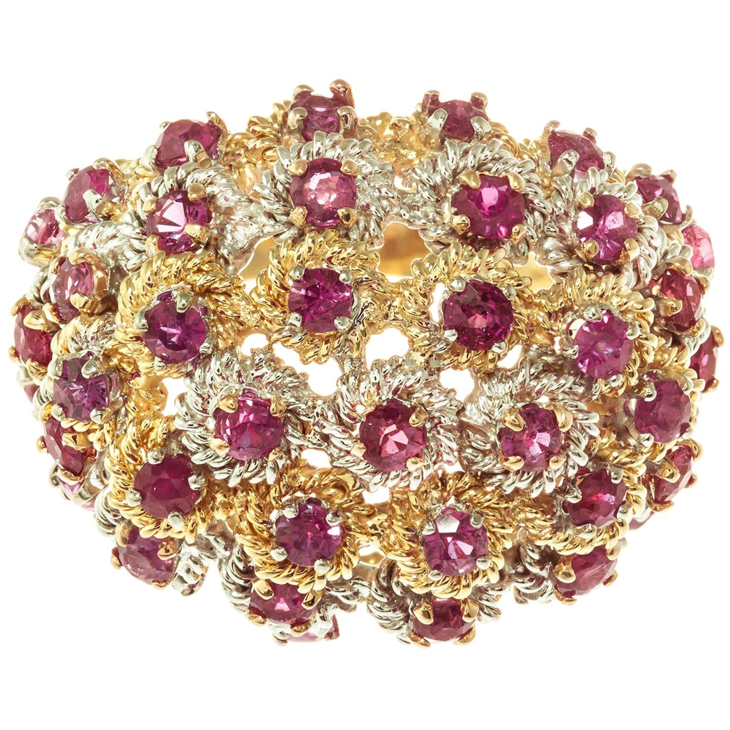 Midcentury 1.70 Carat Ruby Yellow White Gold Dome Cocktail Ring