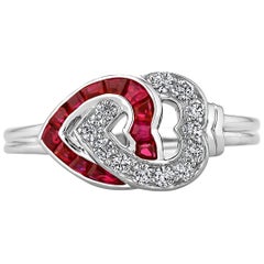 Cartier Vintage Diamond Ruby Platinum Double Heart Ring
